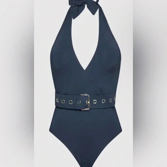 MICHAEL Michael Kors Surplice Halter One Piece Swimsuit Size 4 Navy - Picture 5 of 9
